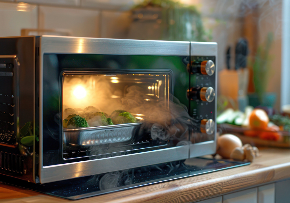 steam pours off of a tray of broccoli cooking in a countertop toaster oven